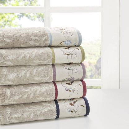 Serene Floral Embroidered 100% Cotton Jacquard Ultra Soft Absorbent Bathroom Towel Set Shower Hand Face Washcloths, See Below, Blue