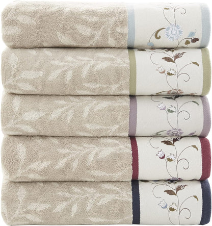 Serene Floral Embroidered 100% Cotton Jacquard Ultra Soft Absorbent Bathroom Towel Set Shower Hand Face Washcloths, See Below, Blue