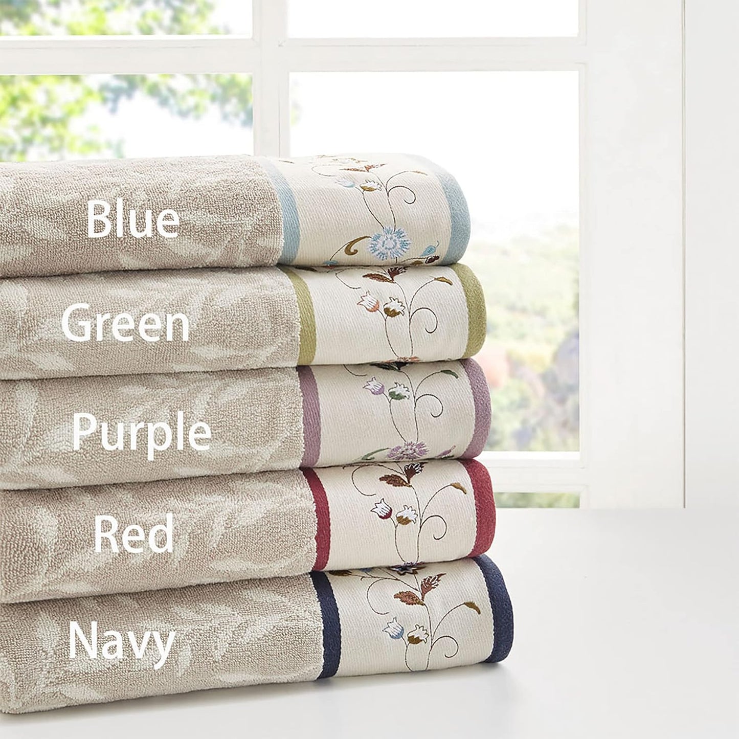 Serene Floral Embroidered 100% Cotton Jacquard Ultra Soft Absorbent Bathroom Towel Set Shower Hand Face Washcloths, See Below, Blue
